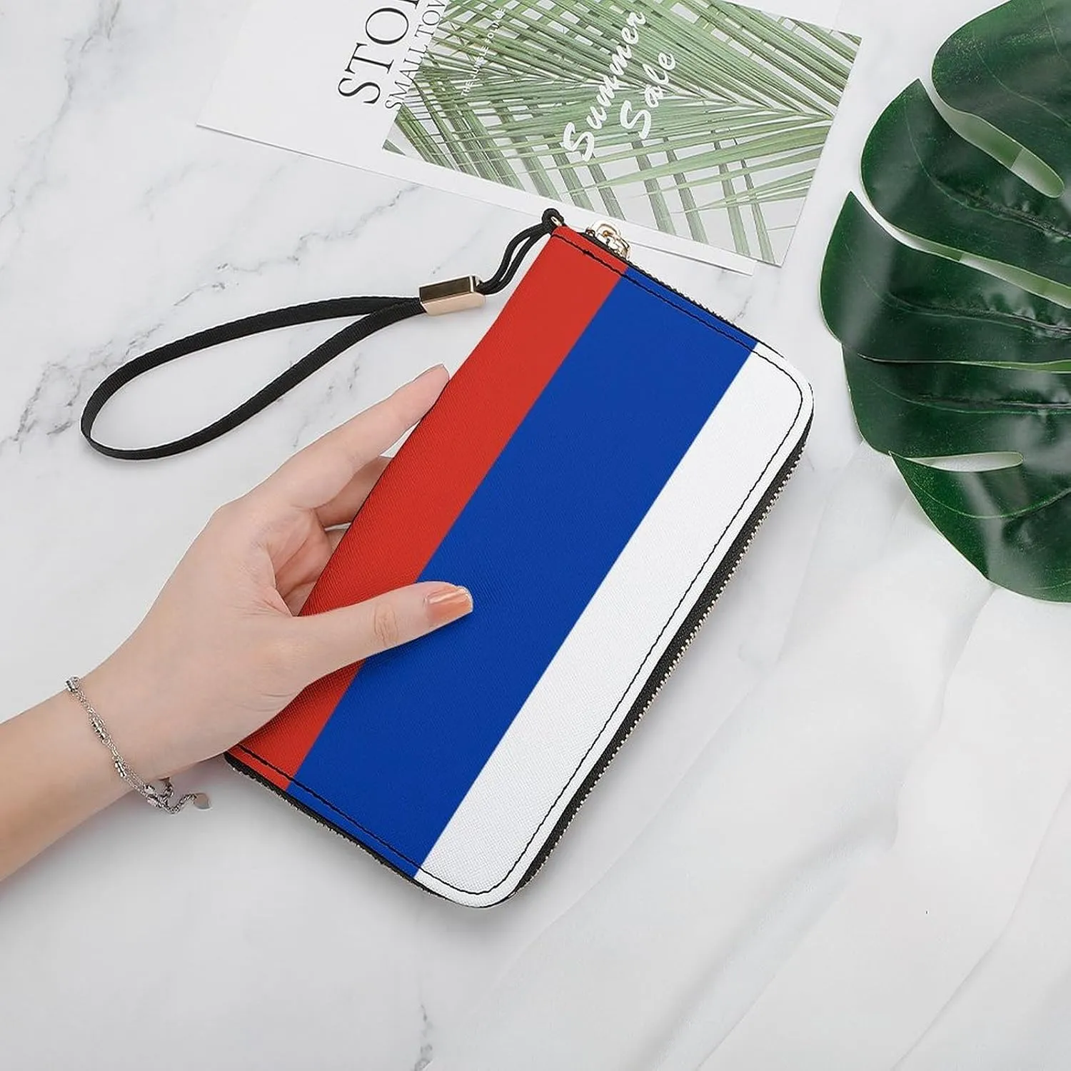 Stylish Women Men Zipper Long Purse Removable Wristlet PU Leather Wallet Travel Clutch, Russia Flag