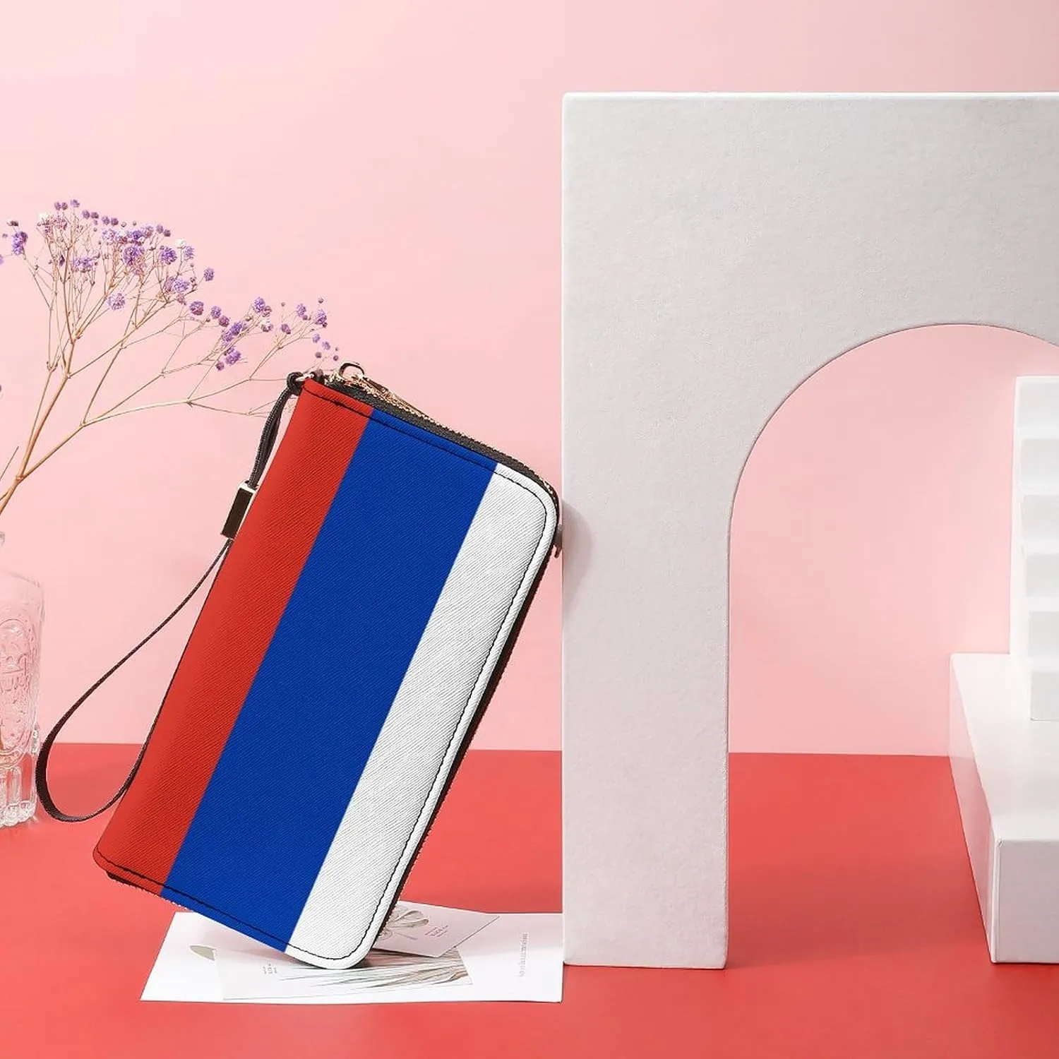 Stylish Women Men Zipper Long Purse Removable Wristlet PU Leather Wallet Travel Clutch, Russia Flag