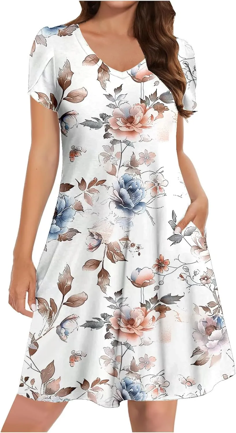 Summer Dresses for Women 2025 Casual Petal Sleeve Tshirt Dress Flowy Beach Swing Sundresses Hawaiian Vacation Outfits