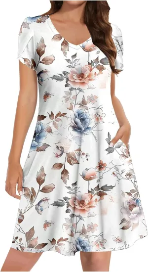 Summer Dresses for Women 2025 Casual Petal Sleeve Tshirt Dress Flowy Beach Swing Sundresses Hawaiian Vacation Outfits