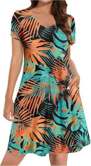 Summer Dresses for Women 2025 Casual Petal Sleeve Tshirt Dress Flowy Beach Swing Sundresses Hawaiian Vacation Outfits