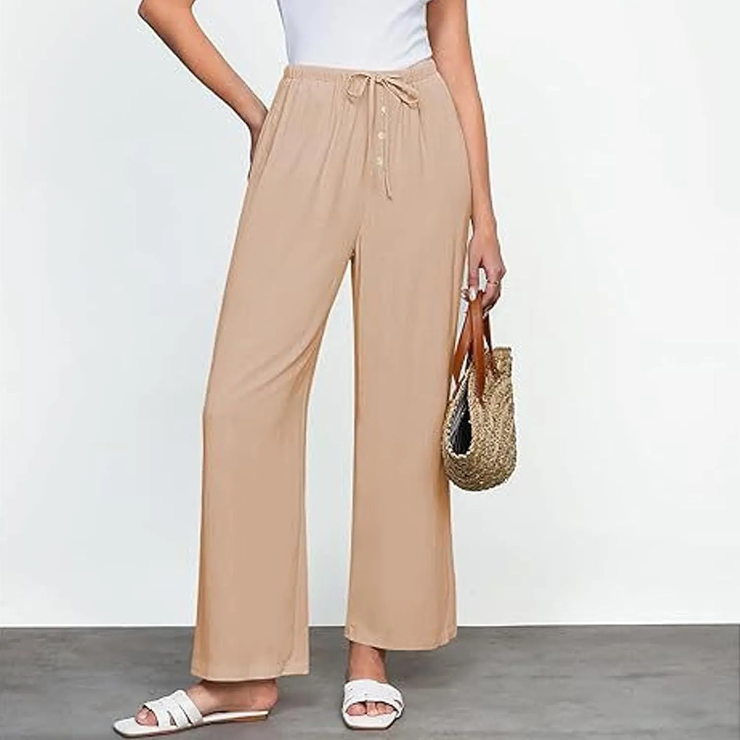 Summer Pants for Women Lightweight Linen Sweatpants Casual Loose High Waist Wide Leg Palazzo Soft Beach Trousers