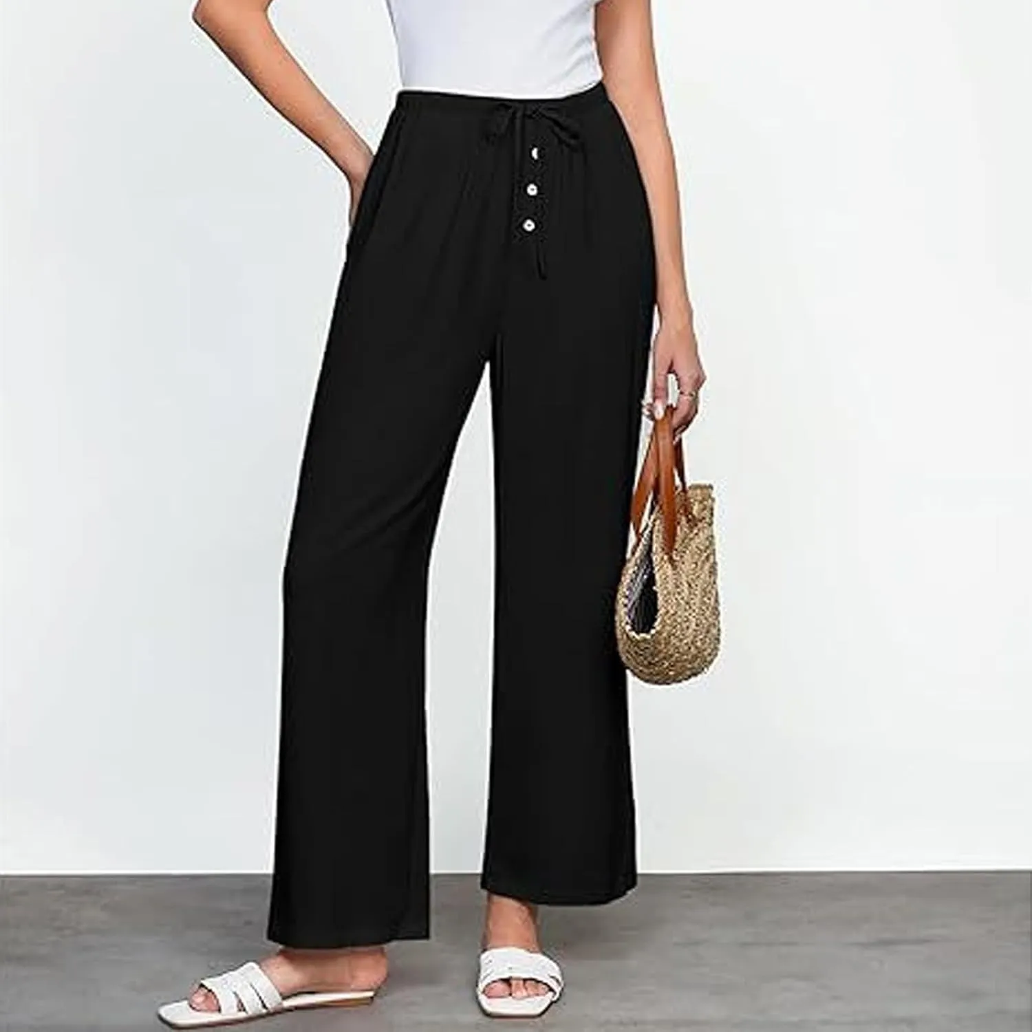 Summer Pants for Women Lightweight Linen Sweatpants Casual Loose High Waist Wide Leg Palazzo Soft Beach Trousers