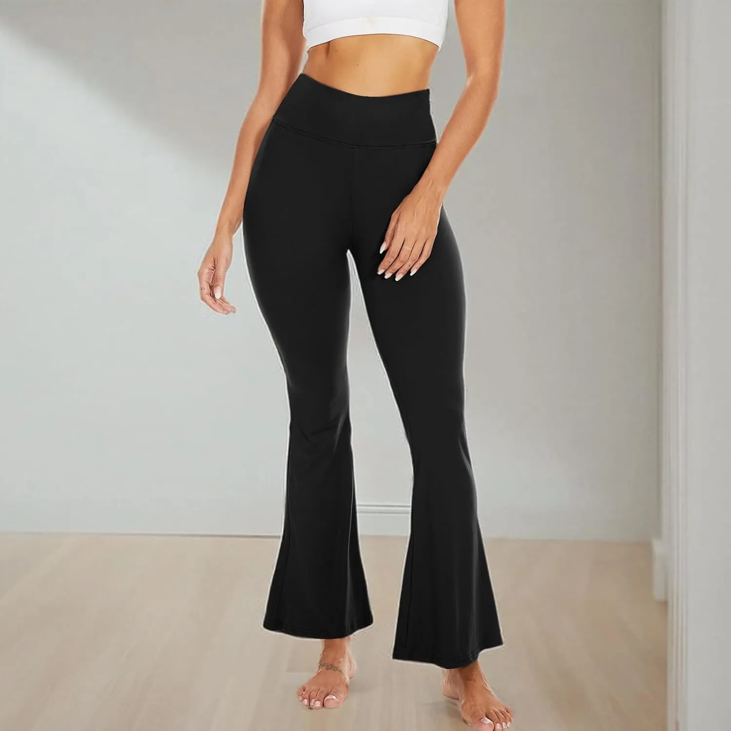 Sundwudu Black Flare Yoga Pants for Women - Soft High Waist Bootcut Leggings Tall & Long Bootleg Pants for Women