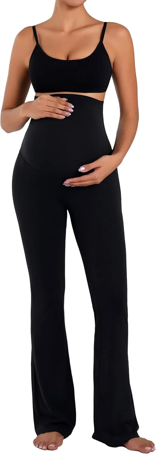 Sunzel Maternity Flare Leggings with Pockets Over The Belly, Buttery Soft Pregnancy Wide Leg Yoga Pants