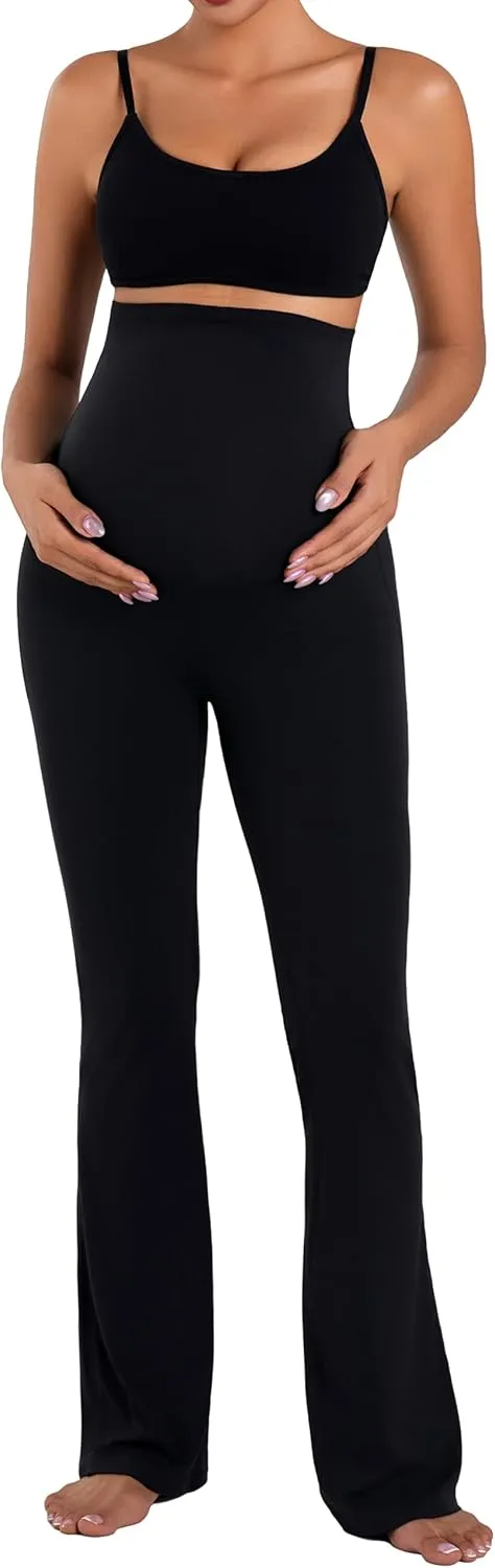 Sunzel Maternity Flare Leggings with Pockets Over The Belly, Buttery Soft Pregnancy Wide Leg Yoga Pants