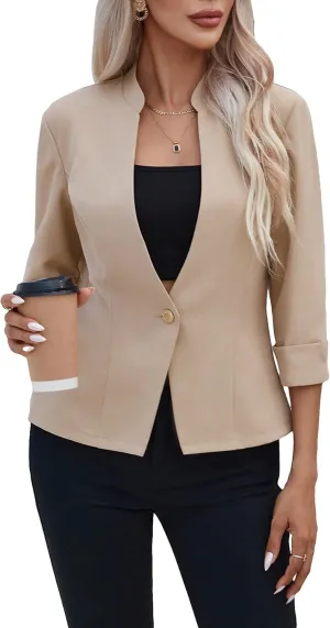 SweatyRocks Women's 3/4 Sleeve Mock Neck Blazer Button Front Business Jackets for Work