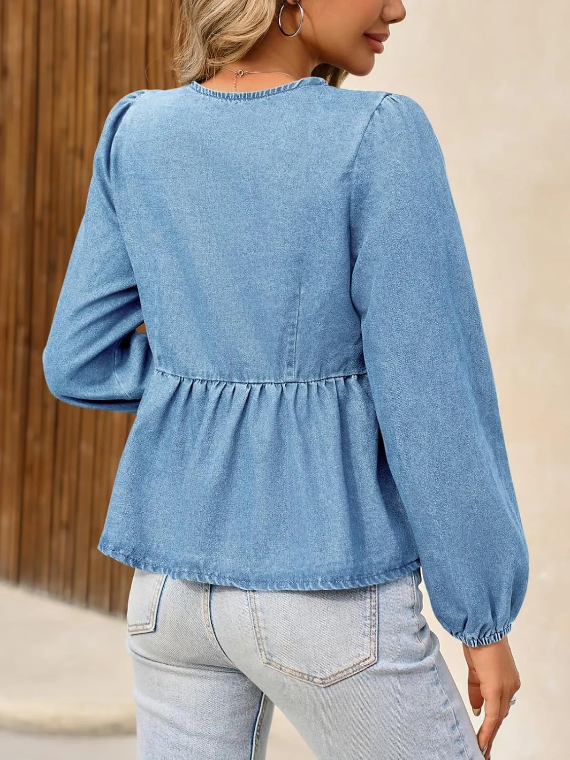 Tankaneo Womens Denim Tie Front Tops Babydoll Peplum Cute Blouse Puff Long Sleeve Going Out Jean Shirts