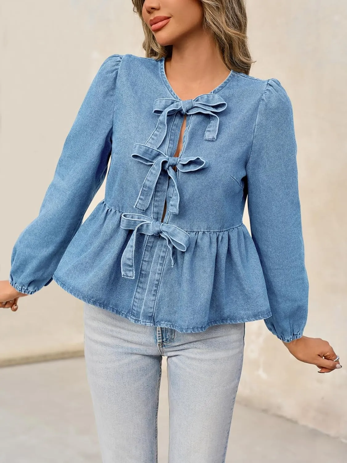 Tankaneo Womens Denim Tie Front Tops Babydoll Peplum Cute Blouse Puff Long Sleeve Going Out Jean Shirts