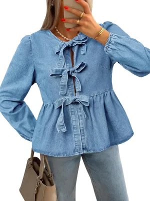 Tankaneo Womens Denim Tie Front Tops Babydoll Peplum Cute Blouse Puff Long Sleeve Going Out Jean Shirts