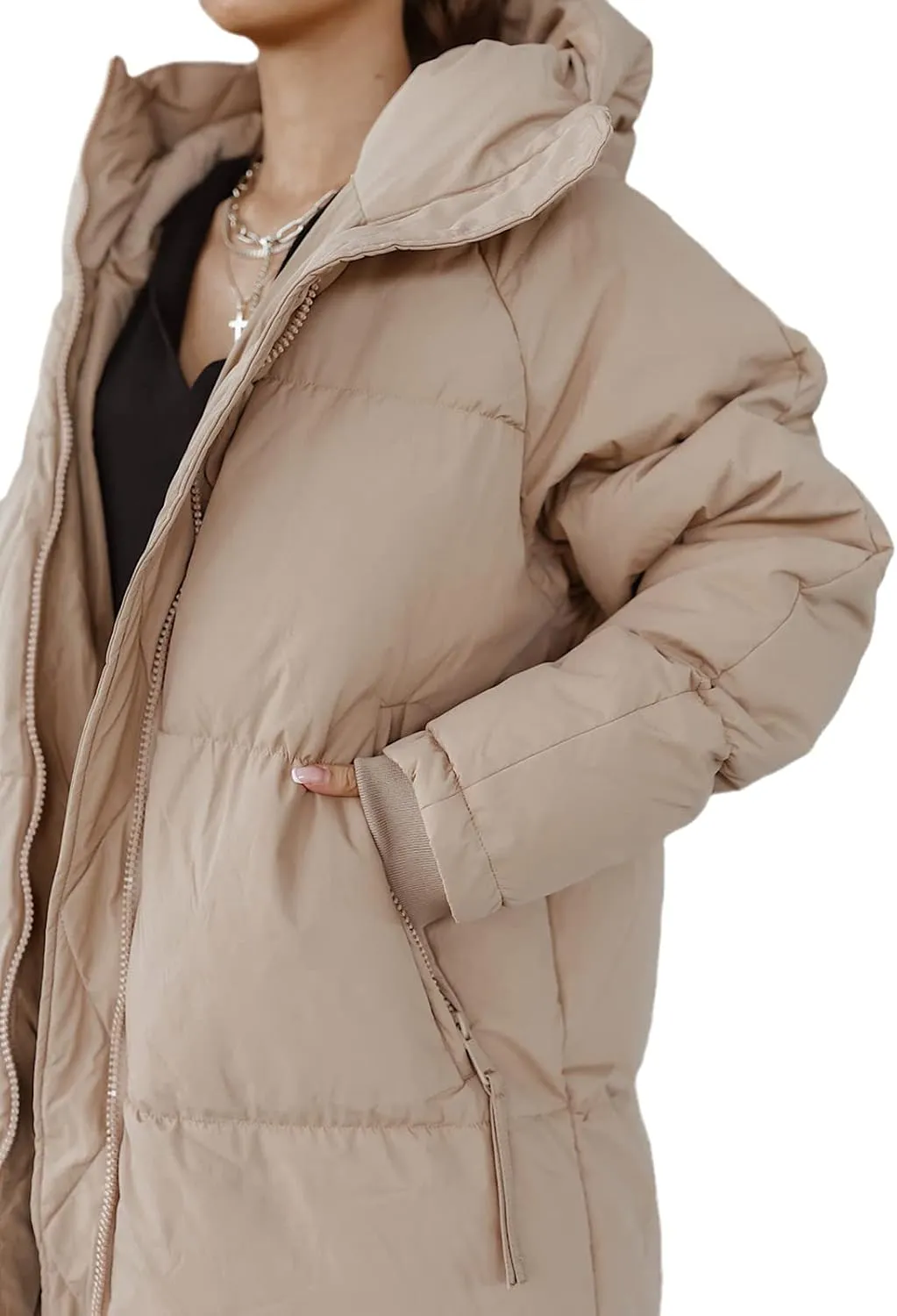 Tankaneo Womens Hooded Long Quilted Coat Maxi Length Long Sleeve Puffer Jacket Warm Padded Coat Thick Winter Outerwear