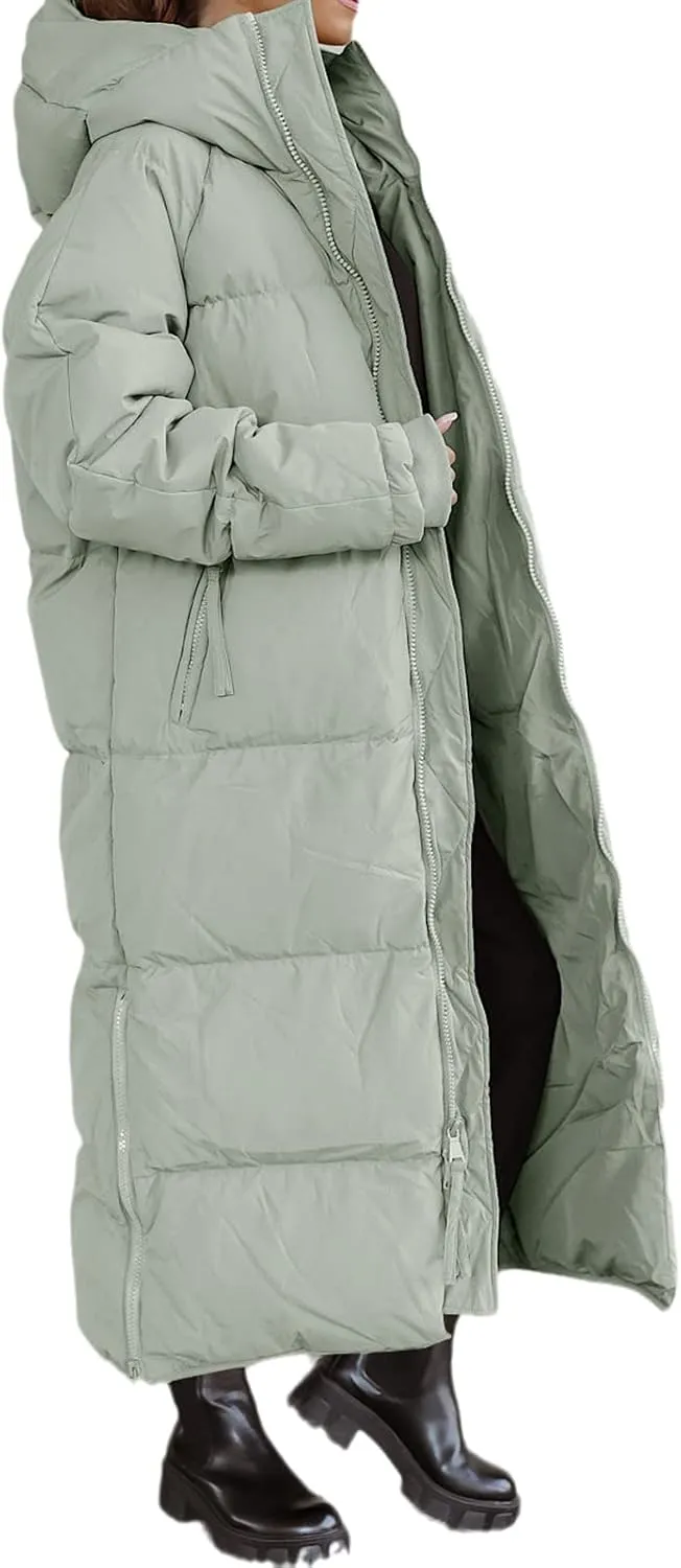Tankaneo Womens Hooded Long Quilted Coat Maxi Length Long Sleeve Puffer Jacket Warm Padded Coat Thick Winter Outerwear