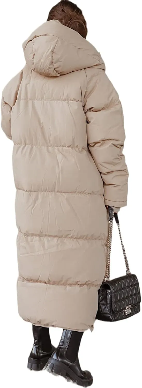 Tankaneo Womens Hooded Long Quilted Coat Maxi Length Long Sleeve Puffer Jacket Warm Padded Coat Thick Winter Outerwear