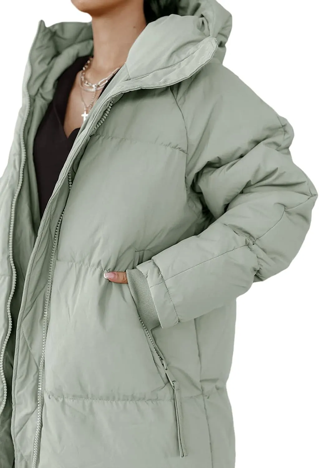 Tankaneo Womens Hooded Long Quilted Coat Maxi Length Long Sleeve Puffer Jacket Warm Padded Coat Thick Winter Outerwear