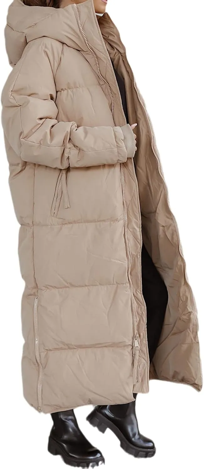 Tankaneo Womens Hooded Long Quilted Coat Maxi Length Long Sleeve Puffer Jacket Warm Padded Coat Thick Winter Outerwear