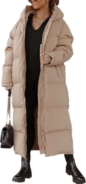 Tankaneo Womens Hooded Long Quilted Coat Maxi Length Long Sleeve Puffer Jacket Warm Padded Coat Thick Winter Outerwear