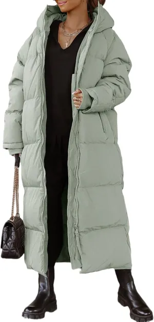 Tankaneo Womens Hooded Long Quilted Coat Maxi Length Long Sleeve Puffer Jacket Warm Padded Coat Thick Winter Outerwear