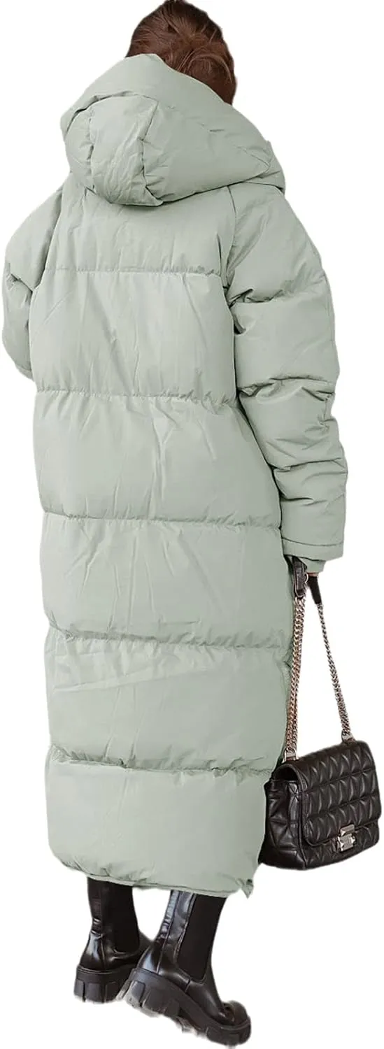 Tankaneo Womens Hooded Long Quilted Coat Maxi Length Long Sleeve Puffer Jacket Warm Padded Coat Thick Winter Outerwear