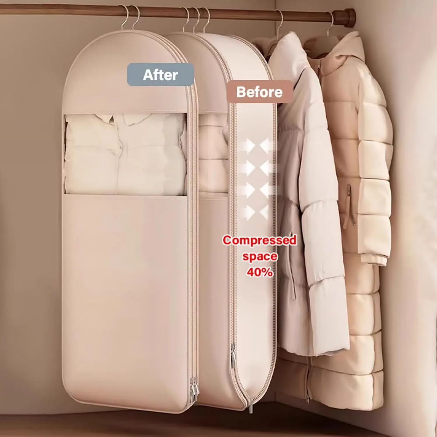 Taprinferior Hanging Garment Bag, 2025 Space Saving Hanging Garment Bag with Self Compression Zipper, Coat Space Saver Storage Bags, Heavy Duty for Down Coat (Oatmeal, Short)