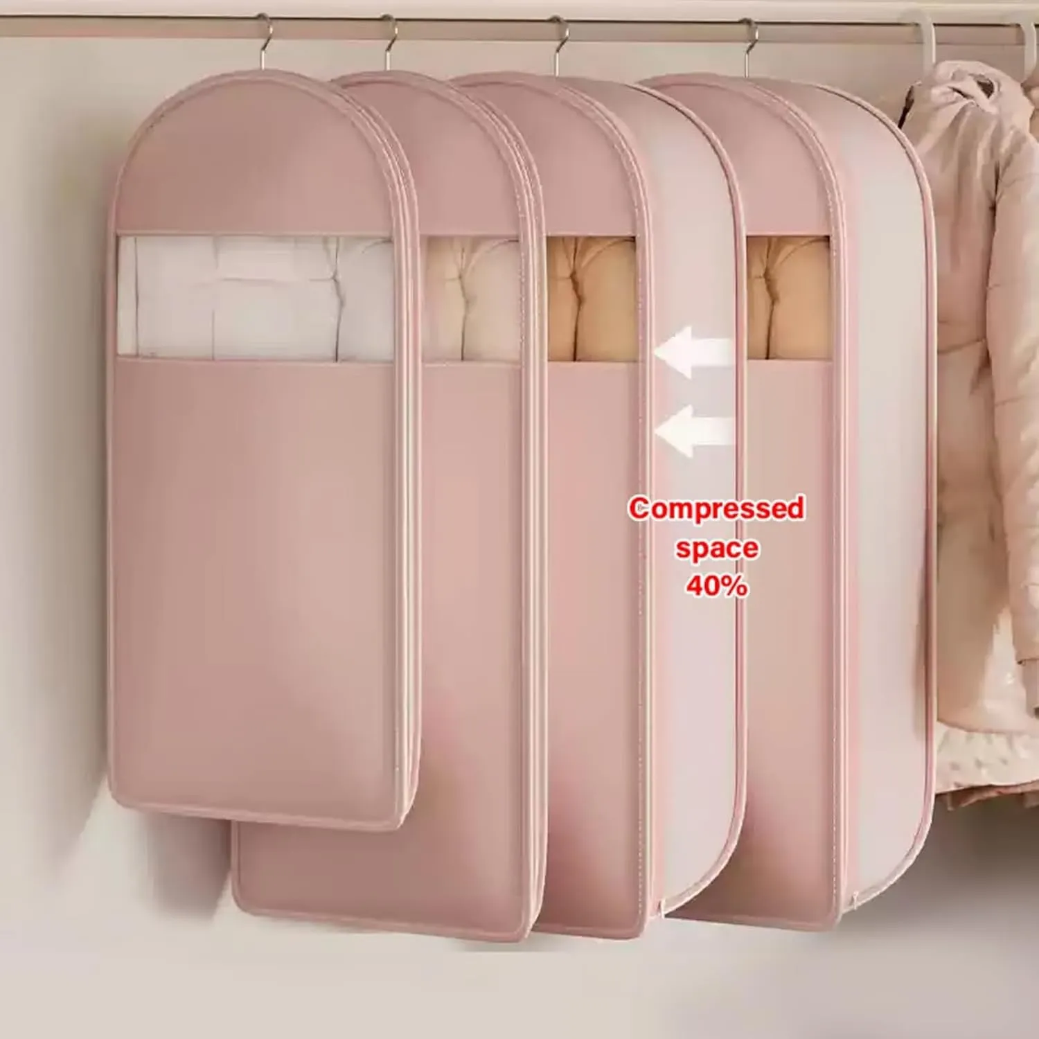 Taprinferior Hanging Garment Bag, 2025 Space Saving Hanging Garment Bag with Self Compression Zipper, Coat Space Saver Storage Bags, Heavy Duty for Down Coat (Oatmeal, Short)