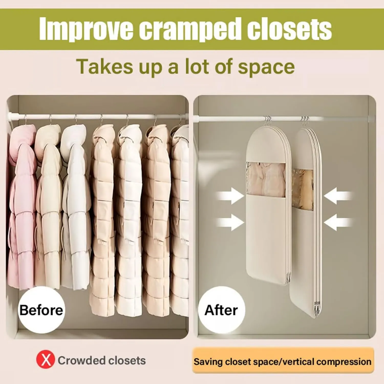 Taprinferior Hanging Garment Bag, 2025 Space Saving Hanging Garment Bag with Self Compression Zipper, Coat Space Saver Storage Bags, Heavy Duty for Down Coat (Oatmeal, Short)