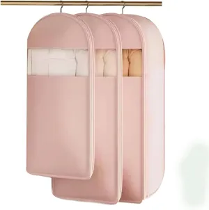 Taprinferior Hanging Garment Bag, 2025 Space Saving Hanging Garment Bag with Self Compression Zipper, Coat Space Saver Storage Bags, Heavy Duty for Down Coat (Pink, Long)
