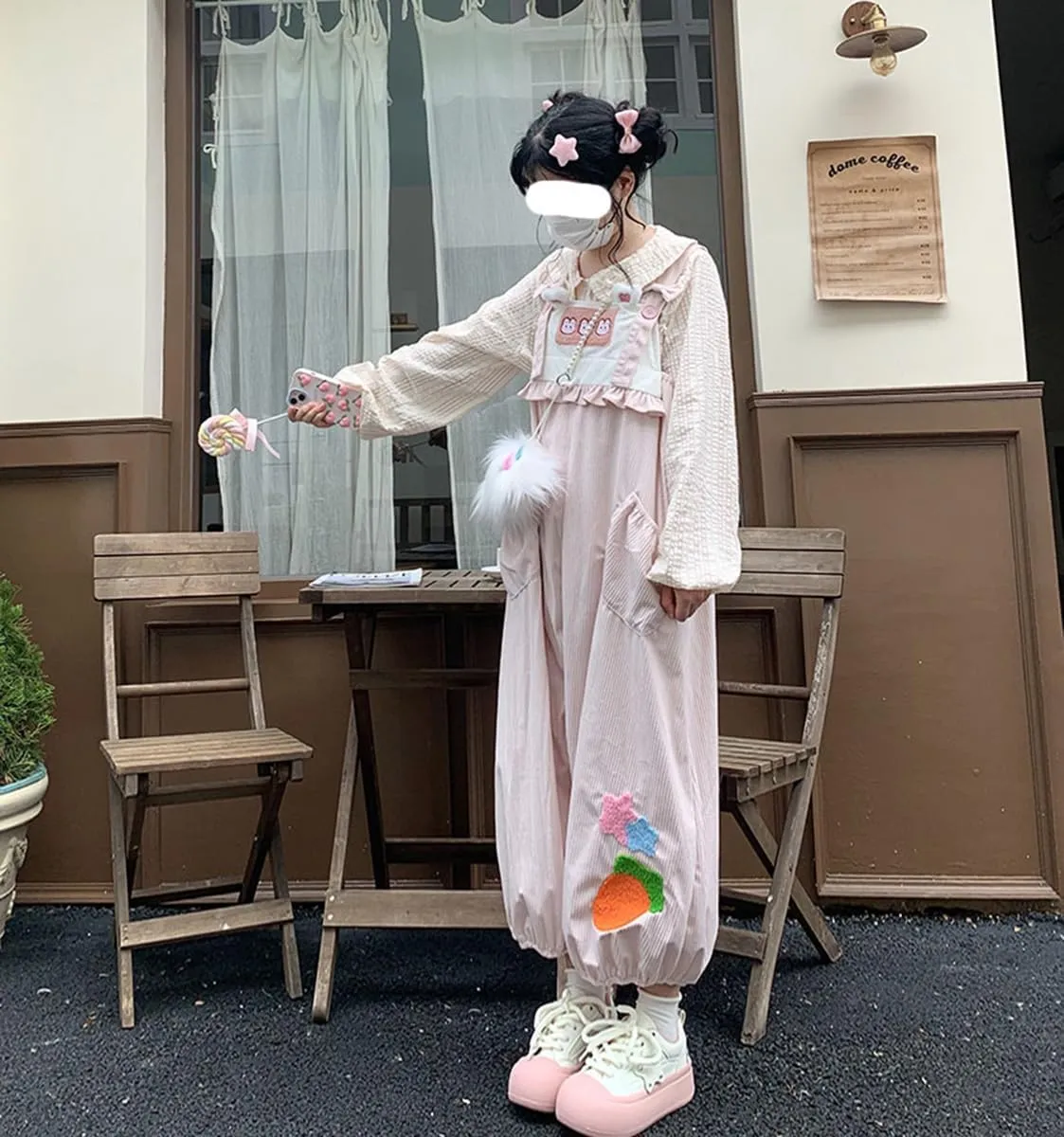 Teen Girls Wide Leg Jumpsuit Japanese Kawaii Bunny Casual Loose Overalls Cute Soft Corduroy Harem Pants
