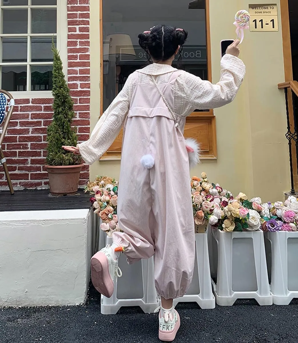 Teen Girls Wide Leg Jumpsuit Japanese Kawaii Bunny Casual Loose Overalls Cute Soft Corduroy Harem Pants