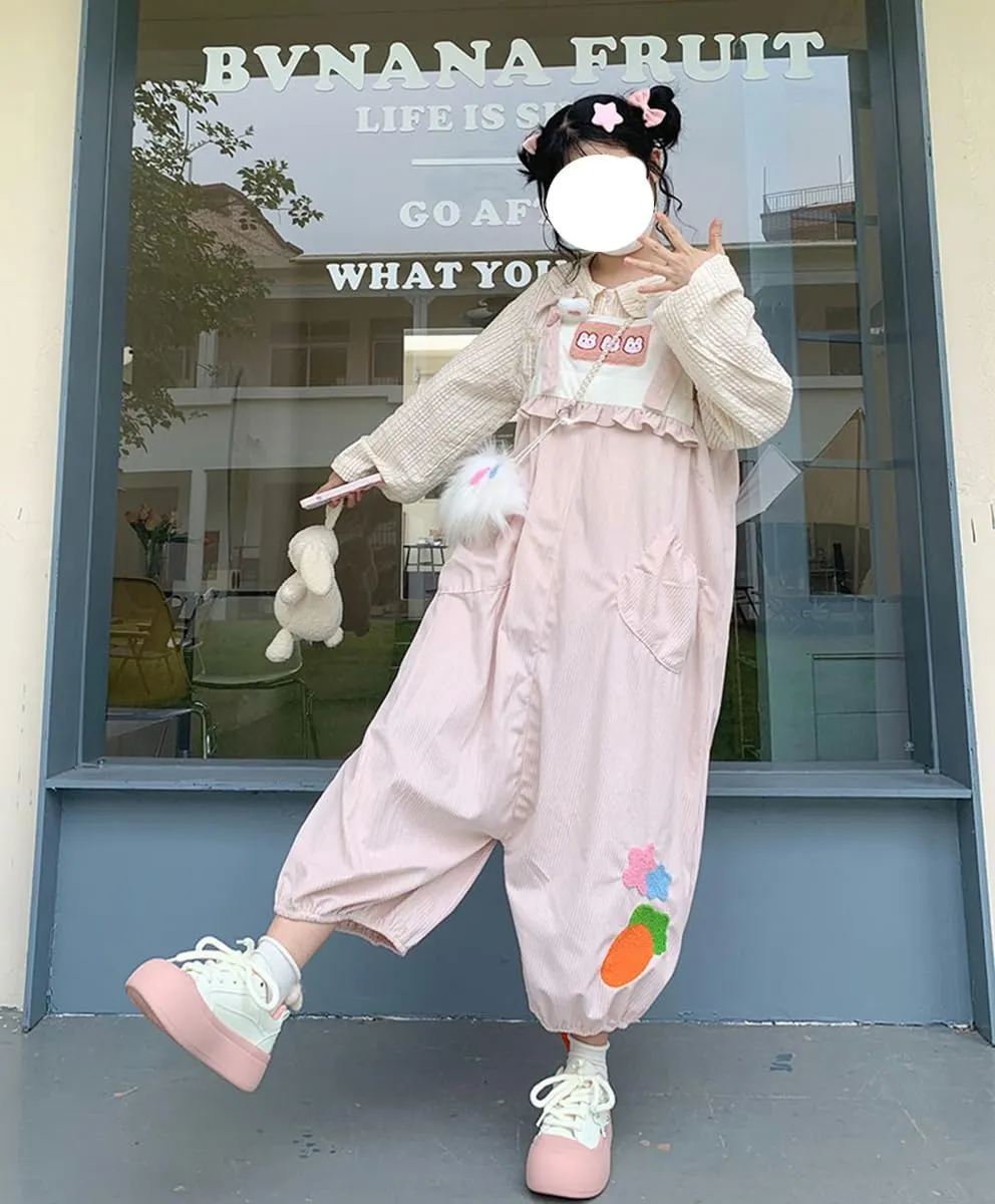 Teen Girls Wide Leg Jumpsuit Japanese Kawaii Bunny Casual Loose Overalls Cute Soft Corduroy Harem Pants