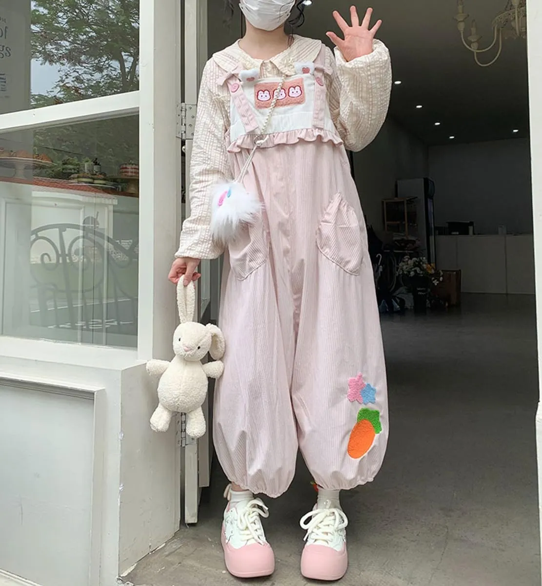 Teen Girls Wide Leg Jumpsuit Japanese Kawaii Bunny Casual Loose Overalls Cute Soft Corduroy Harem Pants