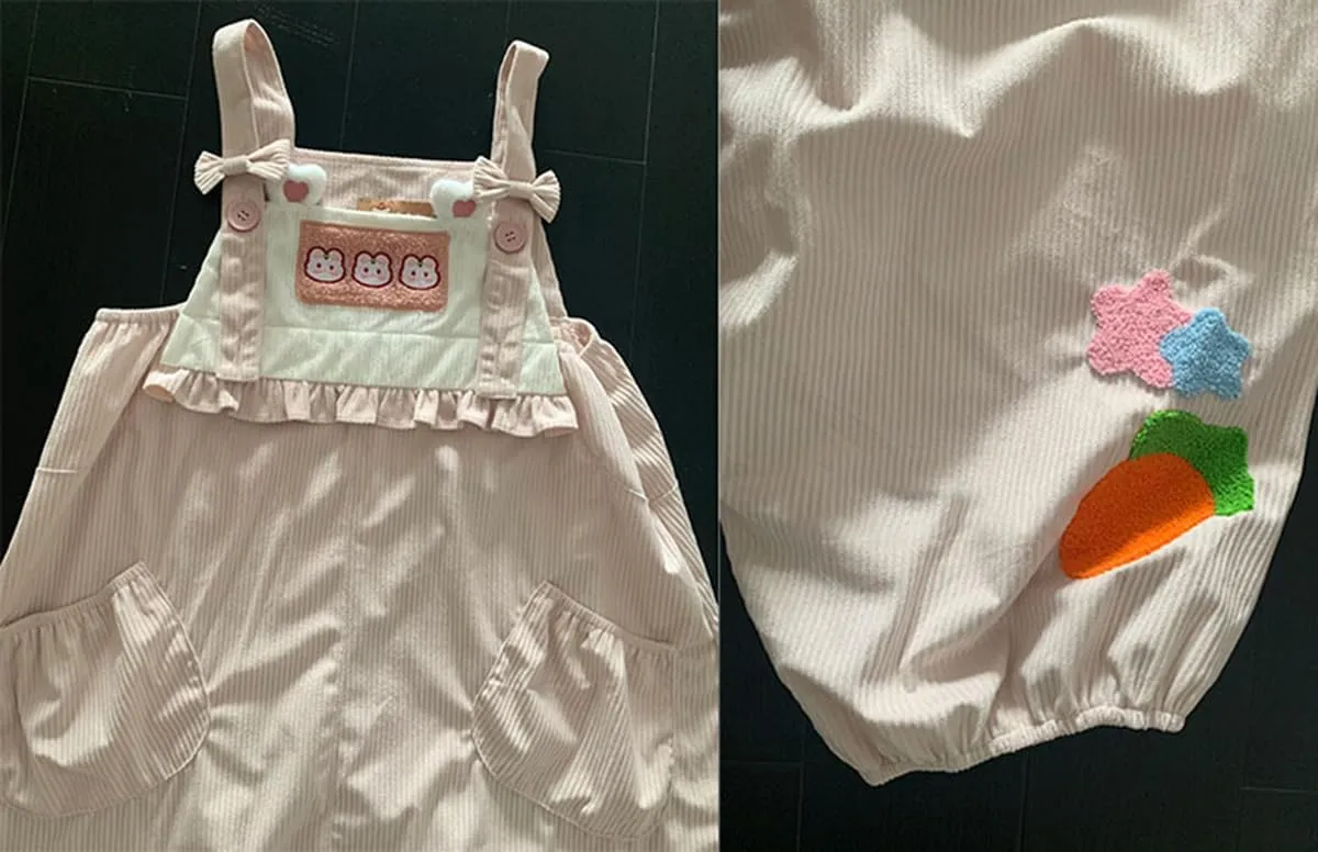 Teen Girls Wide Leg Jumpsuit Japanese Kawaii Bunny Casual Loose Overalls Cute Soft Corduroy Harem Pants