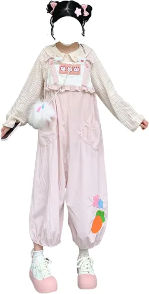 Teen Girls Wide Leg Jumpsuit Japanese Kawaii Bunny Casual Loose Overalls Cute Soft Corduroy Harem Pants