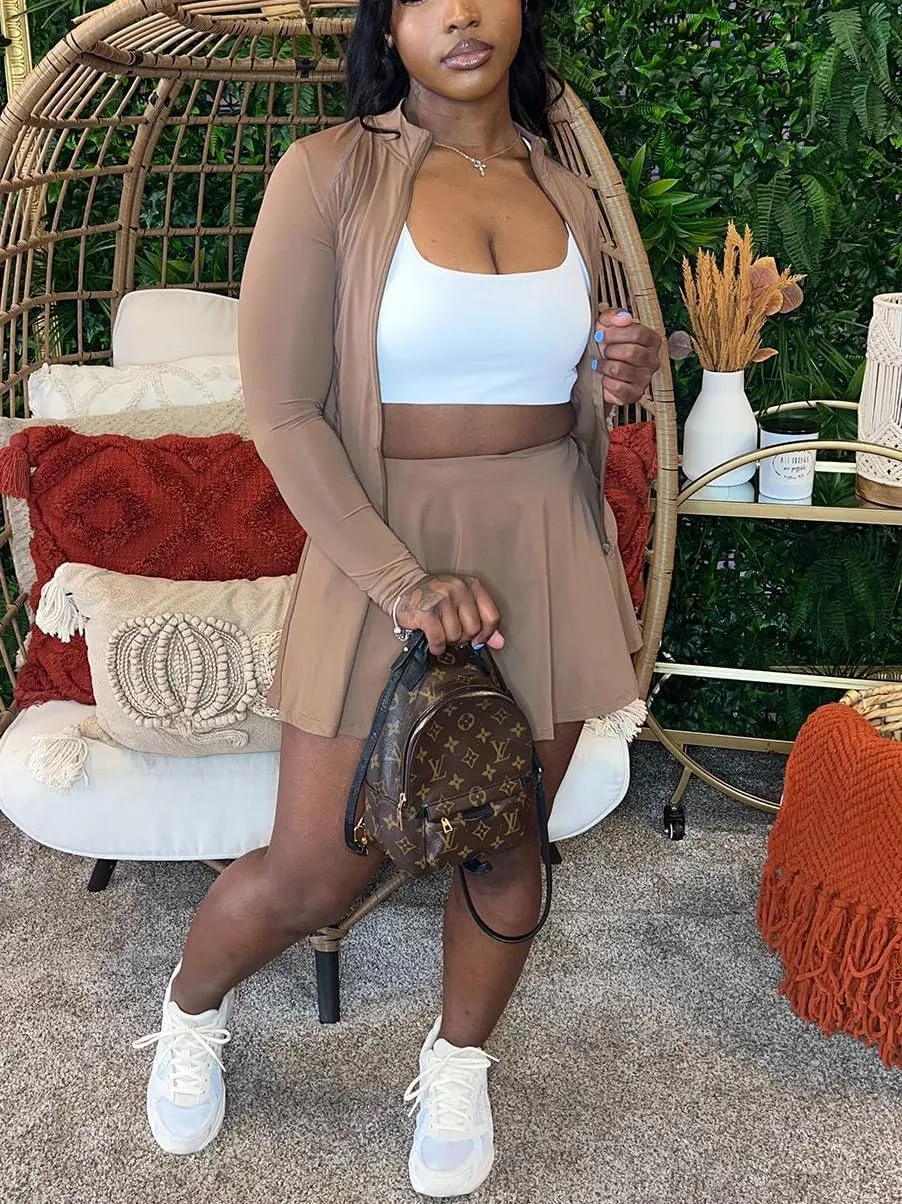 Tennis Skirts Set Womens 2 Piece Outfits Long Sleeve Zip Up Jackets Two Piece Mni Skirts Set Golf Skort Athletic Sports