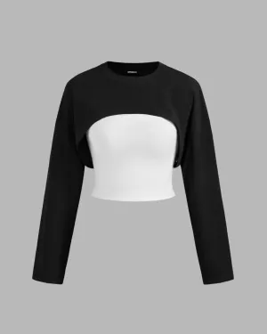 Terry Short Crew Neck Full Sleeve Black Top With White Camisole