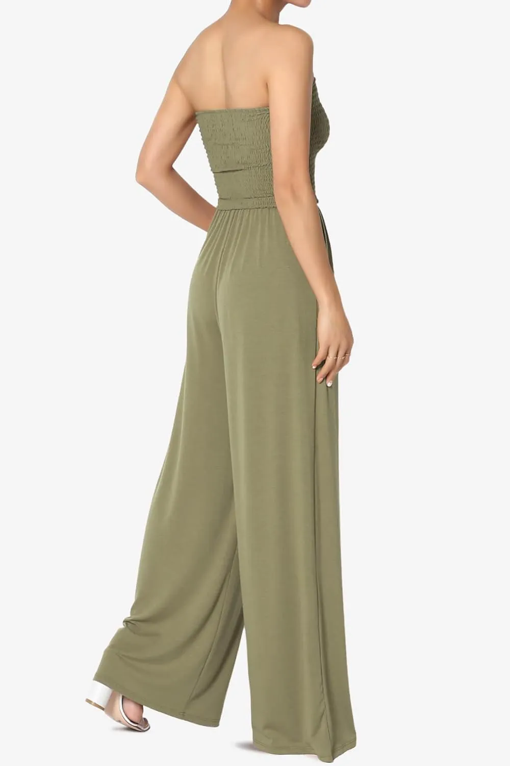 TheMogan Women's Strapless Wide Leg Jumpsuit Smocked Bodice Soft Flowy Pants Summer Casual One-Piece