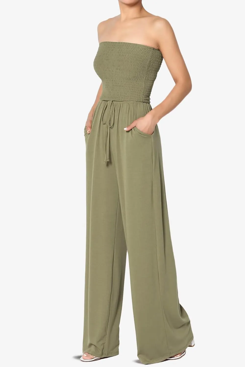 TheMogan Women's Strapless Wide Leg Jumpsuit Smocked Bodice Soft Flowy Pants Summer Casual One-Piece
