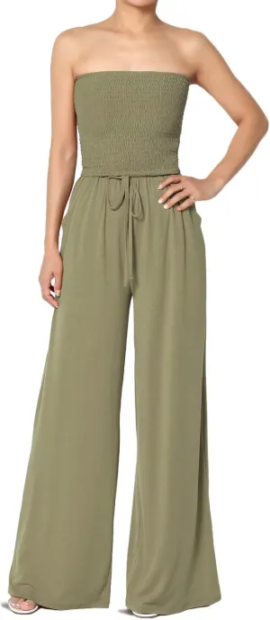 TheMogan Women's Strapless Wide Leg Jumpsuit Smocked Bodice Soft Flowy Pants Summer Casual One-Piece