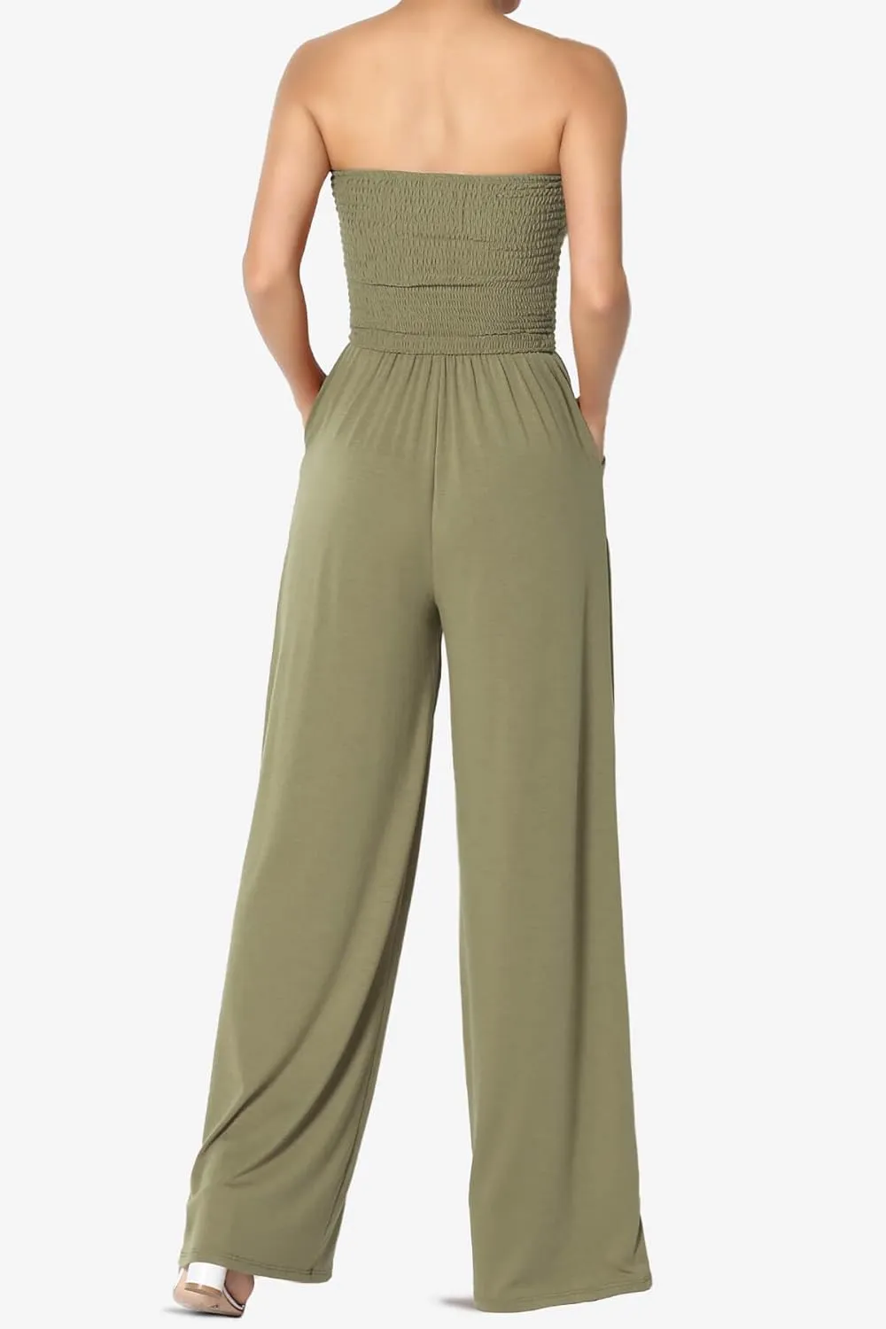 TheMogan Women's Strapless Wide Leg Jumpsuit Smocked Bodice Soft Flowy Pants Summer Casual One-Piece