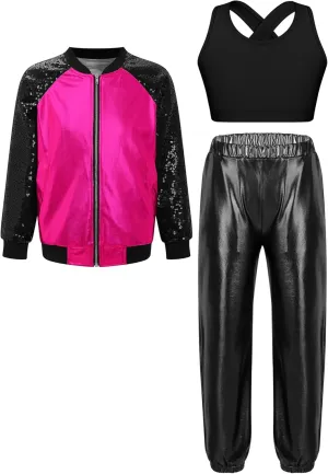 TiaoBug Kids Girls Sequins Long Sleeve Bomber Jacket Dance Coat Outerwear Crop Top with Harem Pants Set Tracksuit