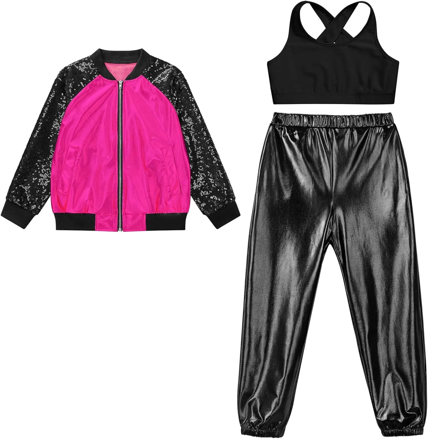 TiaoBug Kids Girls Sequins Long Sleeve Bomber Jacket Dance Coat Outerwear Crop Top with Harem Pants Set Tracksuit