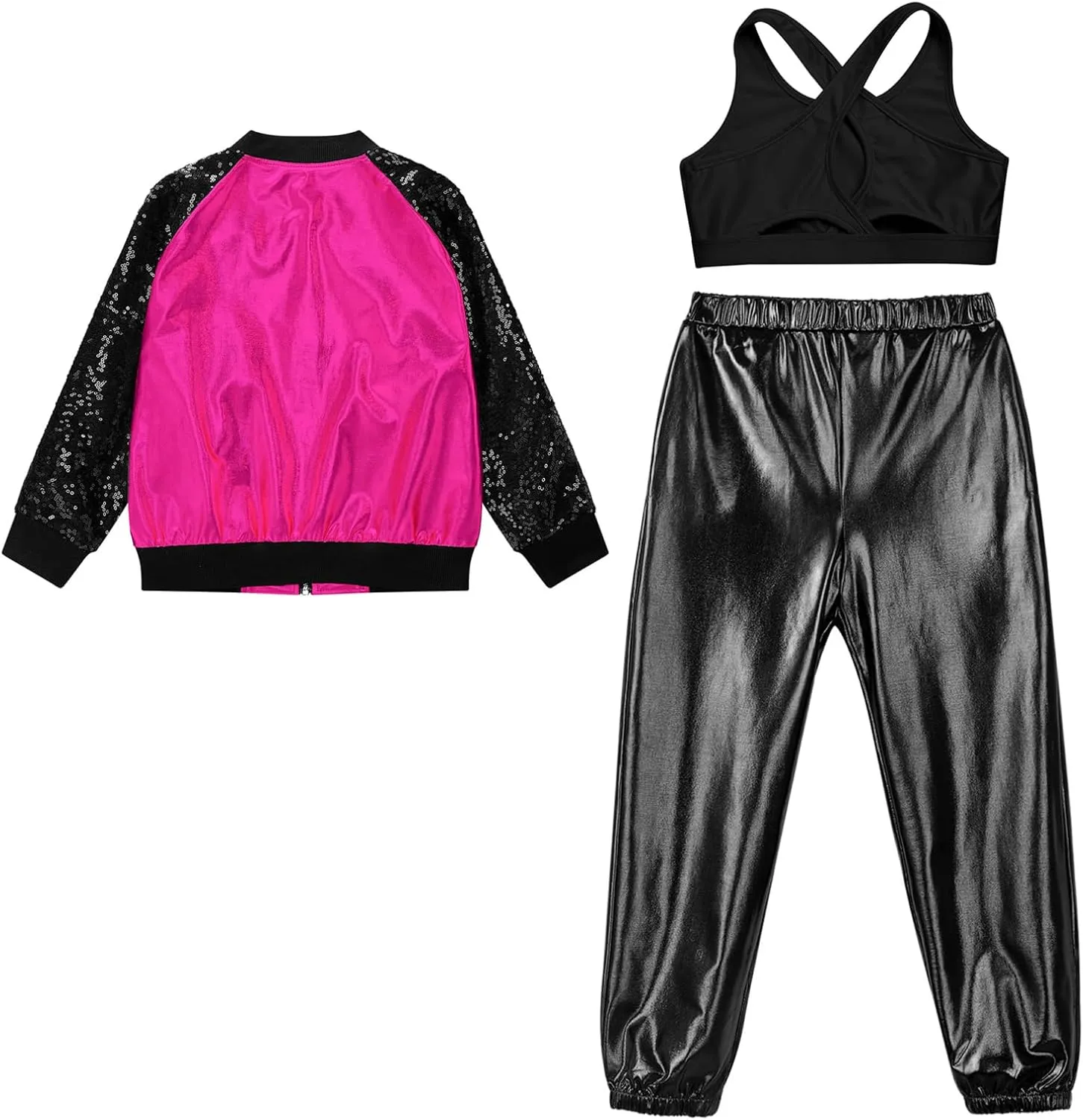 TiaoBug Kids Girls Sequins Long Sleeve Bomber Jacket Dance Coat Outerwear Crop Top with Harem Pants Set Tracksuit