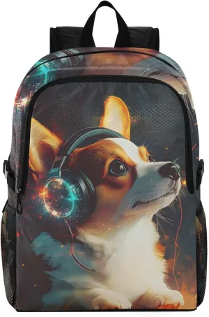 Travel Packable Backpack for Women Men,Lightweight and Foldable Hiking Backpack,Corgi Wearing Headphones Laptop Backpack Casual Daypack for Weekender Business Camping