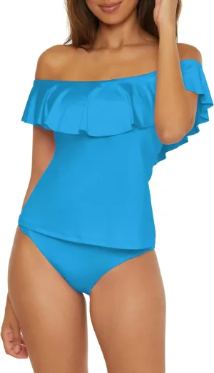 Trina Turk Women's Monaco Ruffle Tankini, Off Shoulder, Swimsuit Tops