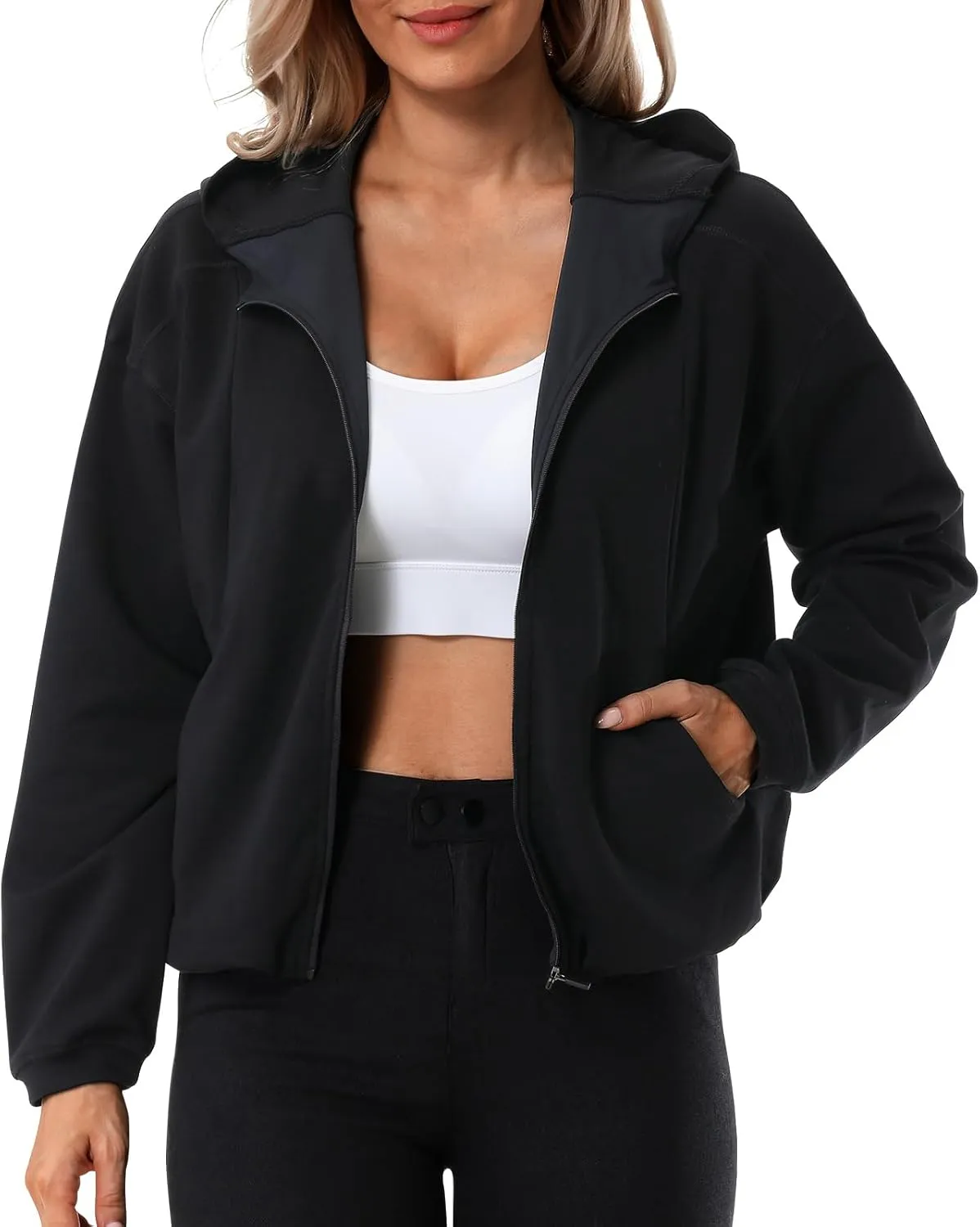 Turnhier Womens Zip Up Hoodies Long Sleeve Cropped Sweatshirts Jackets Casual Fall Outfits Winter Clothes with Pockets