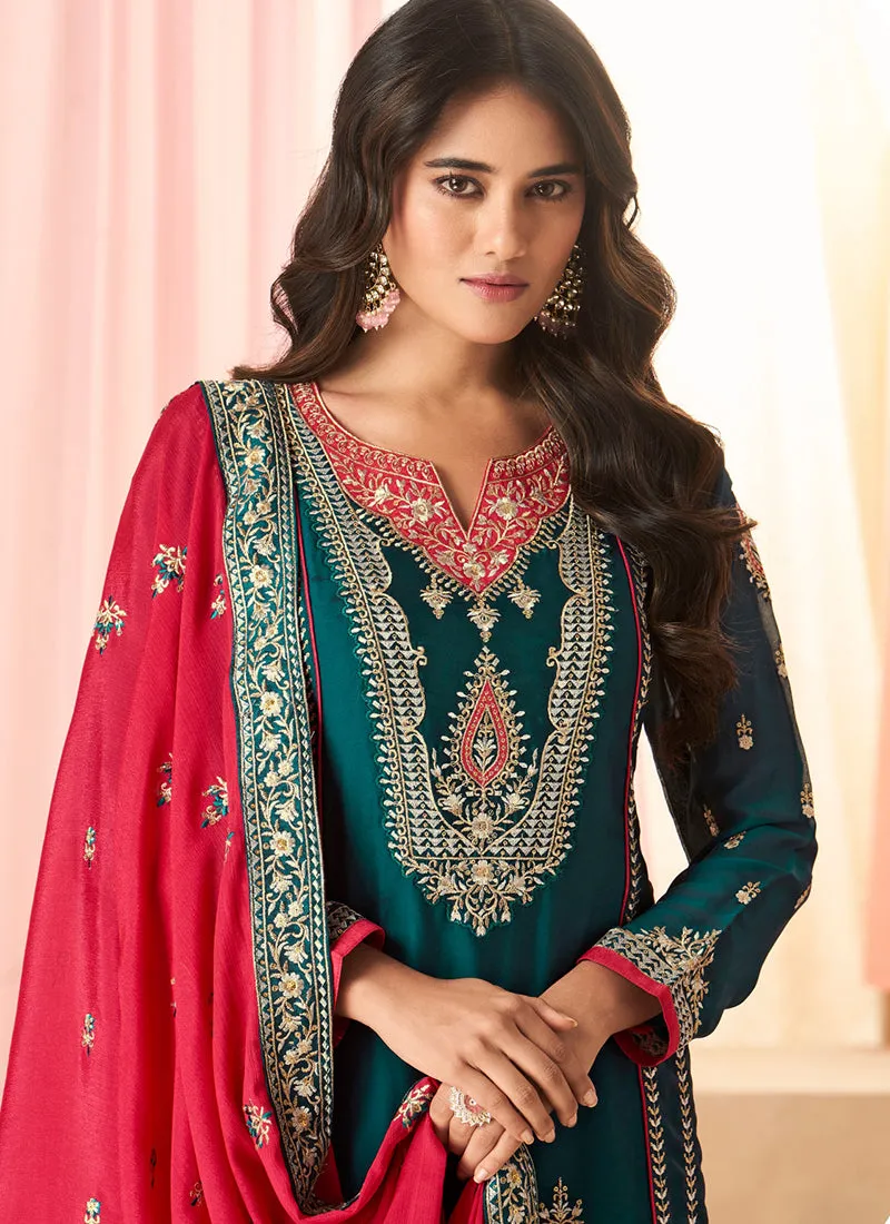Turquoise And Red Multi Embroidery Palazzo Suit