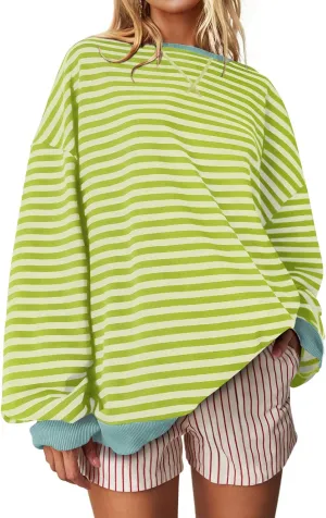 UEU Women Oversized Striped Crewneck Sweatshirt Long Sleeve Color Block Pullover Tops Casual Loose Workout Shirt