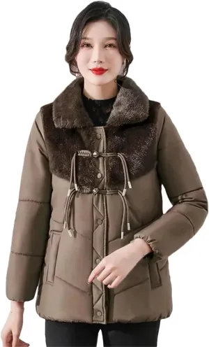 UIOKLMJH Winter Thicken Fleece Coat Mother Short Cotton-Padded Jacket Middle-Aged Stitching Stylish Overcoat