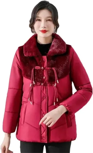 UIOKLMJH Winter Thicken Fleece Coat Mother Short Cotton-Padded Jacket Middle-Aged Stitching Stylish Overcoat