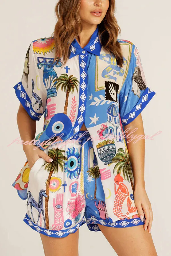 Unique Printed Short-sleeved Casual Loose Shirt and Elastic Waist Drawstring Pocket Shorts Set