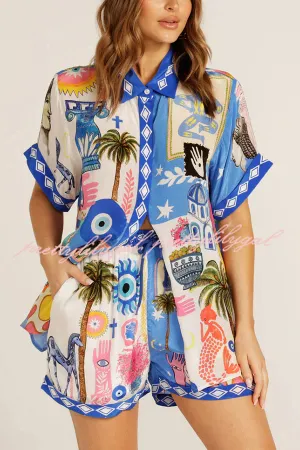 Unique Printed Short-sleeved Casual Loose Shirt and Elastic Waist Drawstring Pocket Shorts Set